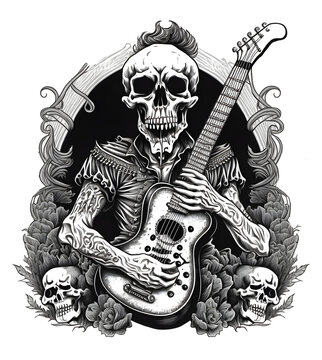 ghost skull playing guitar, suitable for print design, such as t-shirts, stickers, etc,