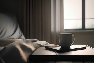 Cozy bed, coffee on a table, overlooking cityscape through window. Ray tracing tech creates soft, romantic, cinematic feel. Realistic lighting and depth of field add calming ambiance.