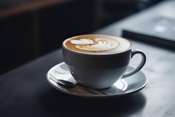 Latte cup on table, smooth lines, soft focus lens, strong contrast, chiaroscuro. Highly detailed with intricate latte art