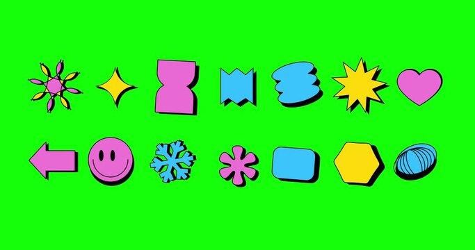 4k seamless retro shapes. Loop Animation neo brutalism shape on green screen. Abstract geometric shapes. Simple forms, memphis geometric elements. Trendy minimalist basic figures, stars, lines and cir