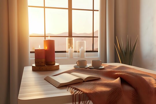 A table near a window with candles, coffee, and a book, creates a comfortable working environment. Soft, tonal colors dominate the image, with light red and orange hues