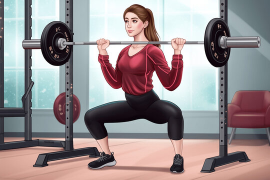 Fitness sportive spindle woman in gym doing barbell squats, Illustration created with Generative AI technology
