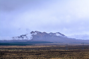 Obraz premium Snow patched peaks of Mt Ruapehu barely visible in the low clouds. Desolated high land field in Central Plateau of New Zealand. Tongariro National Park, North Island