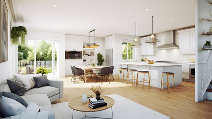 Open plan living room with white kitchen and pantry. Cozy patio with an outdoor fireplace - obrazy, fototapety, plakaty