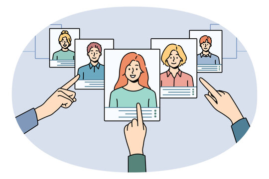 Hands choose digital CV of work candidates or applicants in app. Employer or recruiter make decision on resume of people seek for job. Employment and recruitment. Vector illustration. Generative AI