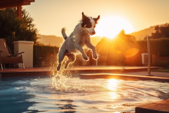 Dog jump in pool. Generate Ai