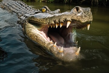 Obraz premium A crocodile in the water with its jaws ope
