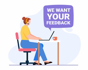 Women with headphones and microphone with computer and get customer feedback, concept of Customer support help service.