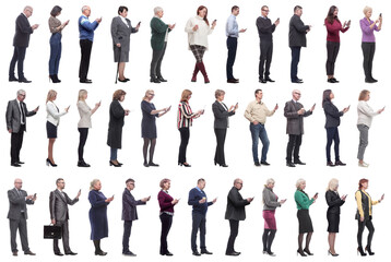 group of people profile holding phone in hand isolated