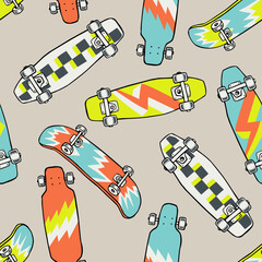 Hand-drawn skateboarding seamless pattern. Skate background texture. Skateboarding doodle illustration. Vector seamless repeat pattern. © cddesign.co