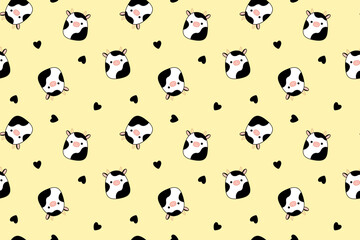 Yellow pattern with cows and hearts. Squishmallow. Background with cow. Kawaii, vector Generative AI