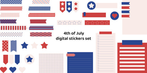 4th of July digital stickers set. Ready to use digital washi tapes, stickers, and note papers for bullet journaling or planning. Conceptual vector art