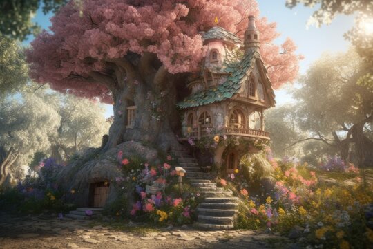 Beautiful house on tree fairy. Generate Ai