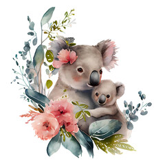 Cute mother koala and baby with pink flowers watercolor Illustration isolated on white. Generative AI