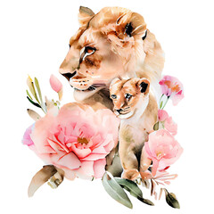 Cute mother lion and baby with pink flowers watercolor Illustration isolated on white. Generative AI