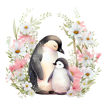 Cute mother penguin and baby with pink flowers watercolor Illustration isolated on white. Generative AI