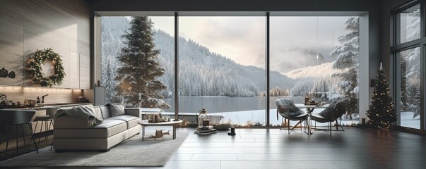 a luxury and modern open plan living room, dining room space with indoor plants and modern furniture overlooking a lakeside alpine landscape at Christmas,  AI-generated