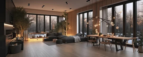 Foto op Canvas a luxury and modern open plan living room, dining room, and kitchen space with indoor plants and modern furniture overlooking a lakeside alpine landscape at Christmas,  AI-generated © Kazia
