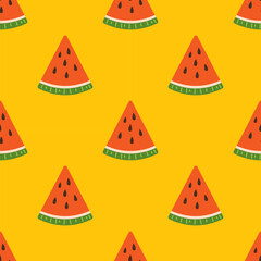 Vector seamless pattern with watermelon slices. Slices of fresh watermelon on yellow background. Summer backdrop with fresh juicy watermelons. Botanical pattern with tropical fruits or berries.