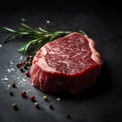 Fresh uncooked beef steak, black background. AI generative