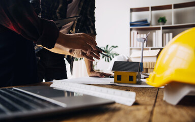 Architectural Office desk background construction project ideas concept, With drawing equipment with mining light