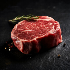 Fresh uncooked beef steak, black background. AI generative