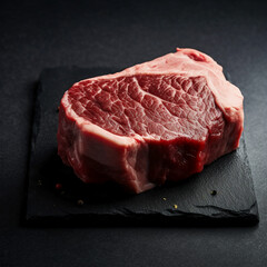 Fresh uncooked beef steak, black background. AI generative