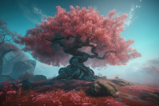 Magic red tree nature. Generate Ai