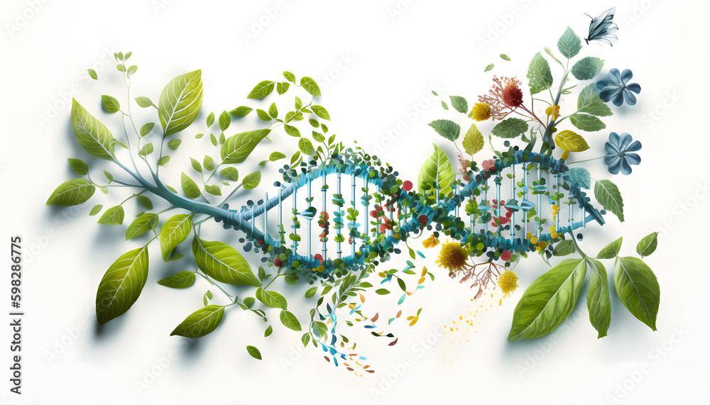 Wall mural DNA and plant and Gene therapy, Biology laboratory nature. Concept biochemistry structure on white isolated background. Generation AI