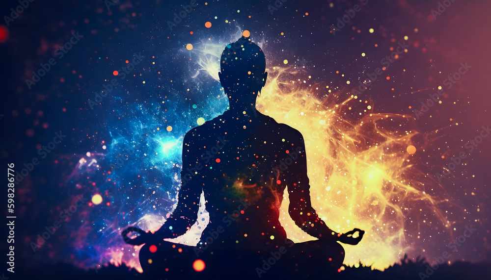 Wall mural astral yoga silhouette of human in cosmic space meditate. back view man practicing transcendental sp