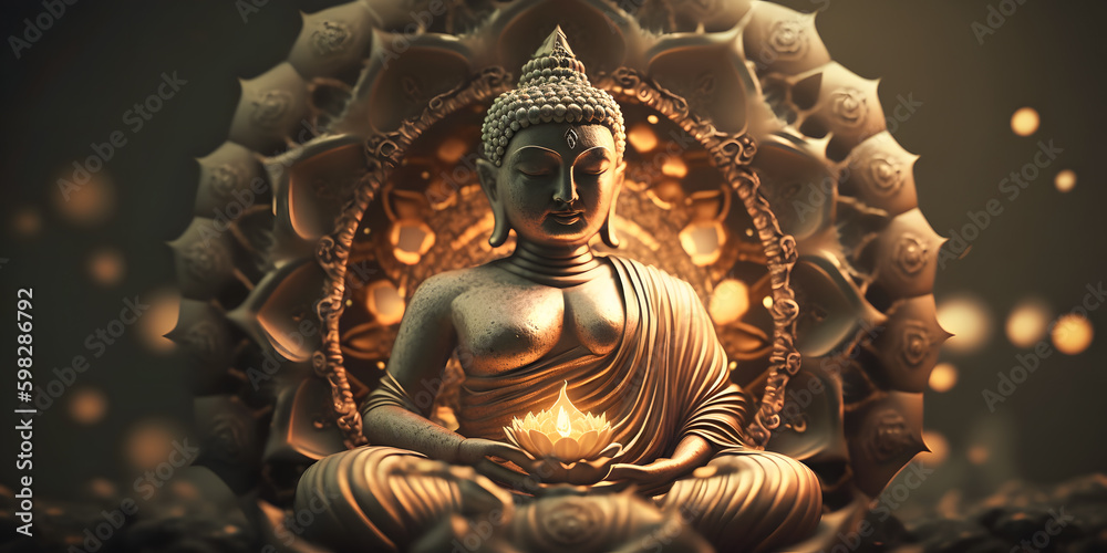 Wall mural buddha statue transcendental spiritual meditation with aura, banner yellow light. generation ai