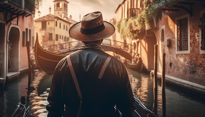 Fototapeta na wymiar Grand Canal of Venice, Italy. Sunny day gondolier carries tourists on gondola. Generation AI