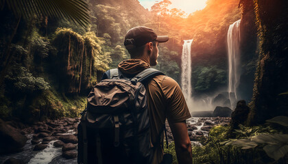 Back view tourist of hiker with backpack walks in tropical waterfall at sunset. Generation AI