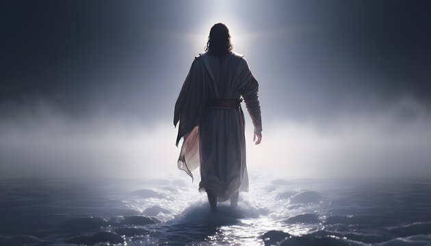 Back view Jesus Christ walking on water with sun light. Biblical Series. Generation AI
