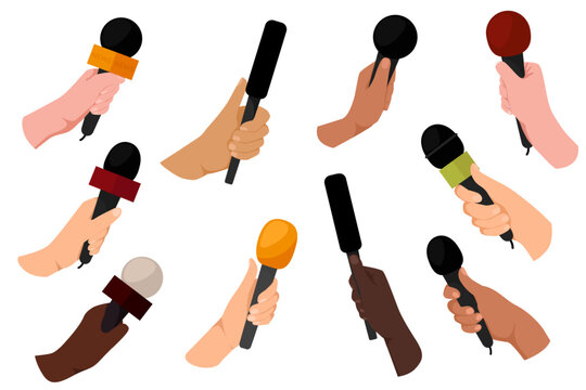 Hands holding microphones. Mass media reporters and journalists with mic recorder taking interview on live tv. Journalism concept