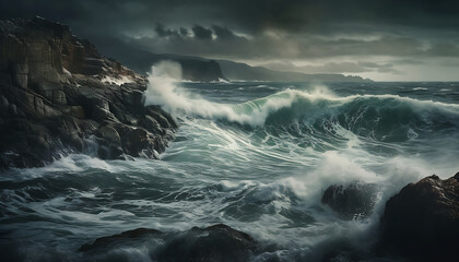 Dark gloomy Stormy ocean with turbulent and dynamic waves hitting rock, dark grey clouds up above, generative ai