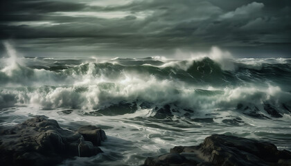 Dark gloomy Stormy ocean with turbulent and dynamic waves hitting rock, dark grey clouds up above, generative ai