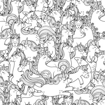 Doodle unicorns black and white seamless pattern. Cute background with funny fairy tale characters for coloring page. Outline background. Vector illustration
