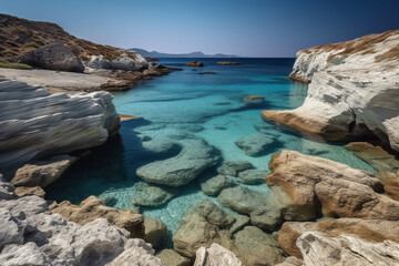 Experience the tranquil beauty of Milos island with its stunning rocky landscape and breathtaking sea views. Ai generated.