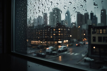 Photography of raindrops on the windows glass in focus with blured city skyline in the background. AI generative
