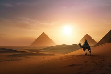Mirage landscape desert camel trip. Generate AI