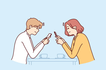 Couple with phones sits in cafe, addiction to social networks and internet chatting, not paying attention to interlocutor. Concept of social problems associated with digital addiction to Generative AI