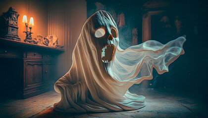 Fototapeta na wymiar Ghost spook in old castle, horror in house Halloween. Generation AI