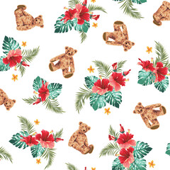 Hawaiian shirt pattern using cute bear and hibiscus,