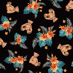 Obraz premium Hawaiian shirt pattern using cute bear and hibiscus,