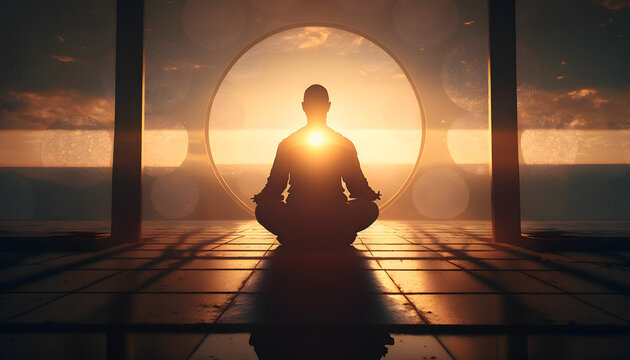 Yoga Silhouette Of Human In Cosmic Space Meditate With Sun Light. Back View Man Practicing Meditation. Generation AI