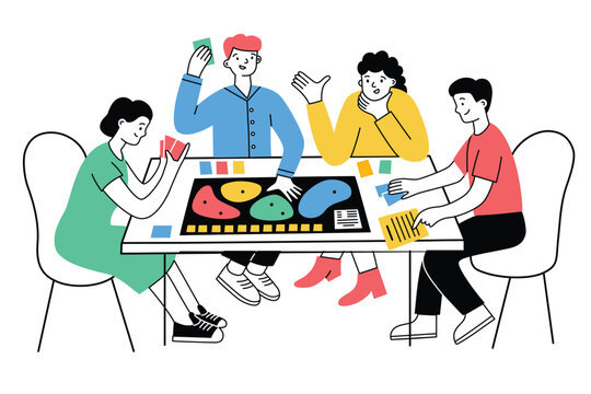 Friends playing board game. Hand drawn colored composition of tabletop game. Cooperative eurogame, strategy. Vector illustrations of male and female characters having fun. Leisure activity for family