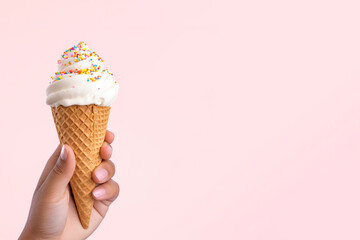 Hand holding delicious sprinkles ice cream in a crispy waffle cone with copy space. Created with Generative AI Technology