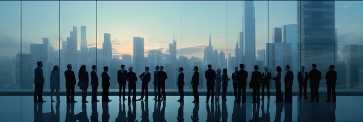 many business people conference group meeting on city office building in background showing partnership success of business deal, silhouette, silhouette of business people at office