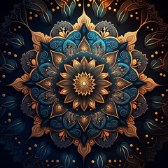 Gold and blue mandala on a black background_Luxury Mandala Background